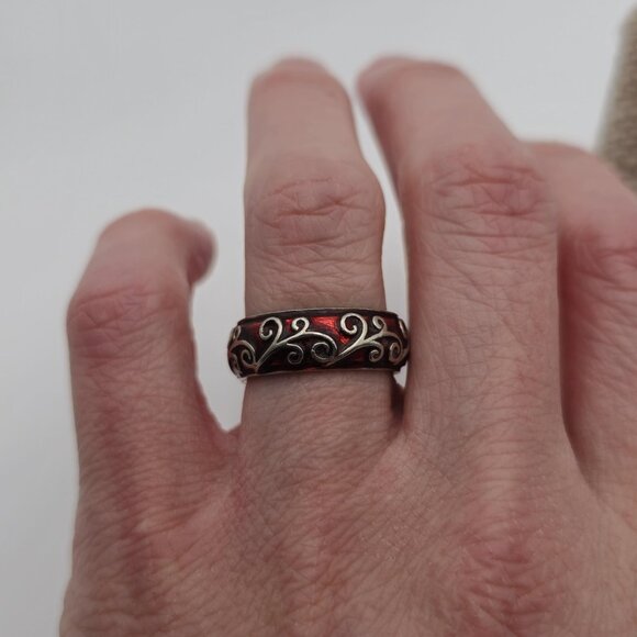 Size 7 Sterling Silver Red Enamel Floral Vine Style Ring A2614 - Picture 2 of 7